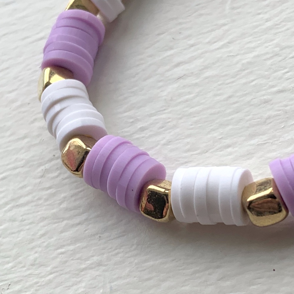 Handmade clay bead bracelet purple/white gold square bead’s stretchy - Picture 2 of 5